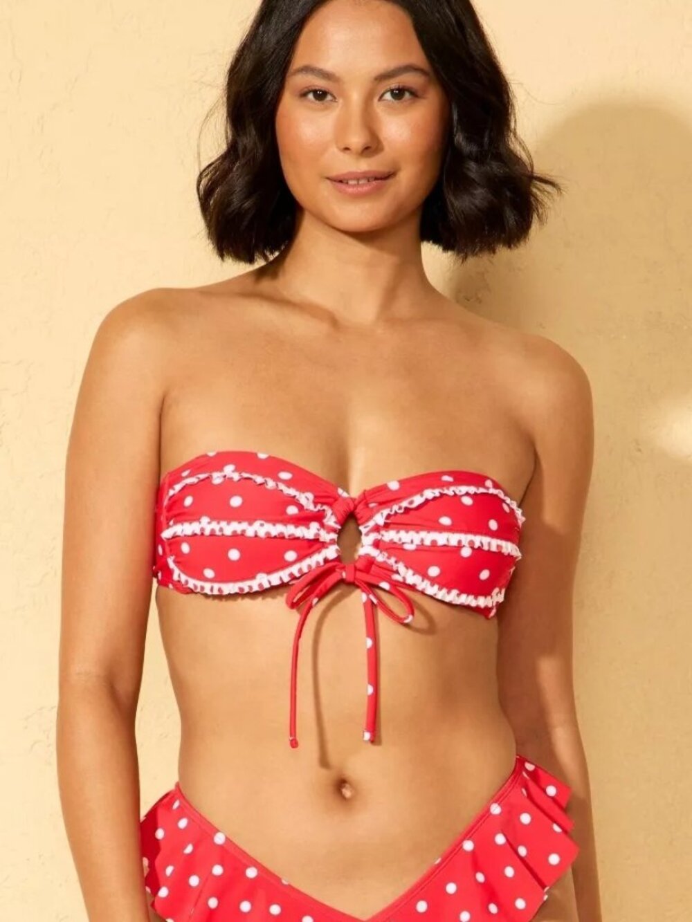 NEW Wild Fable Polka Dot Ruffle Bandeau Bikini Top - Red/Cream - M